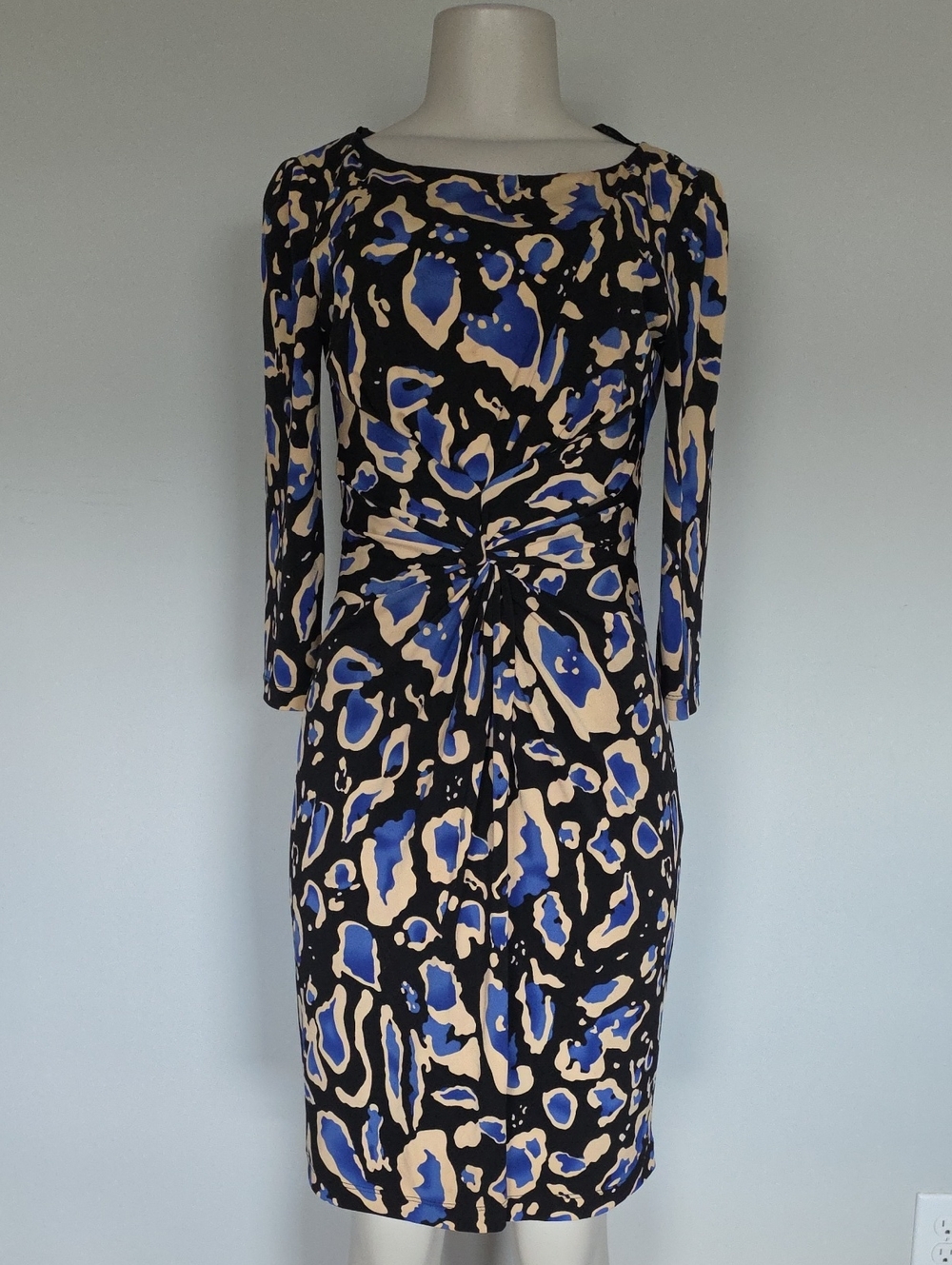 David Meister black/blue/tan splotchy print knotted front dress-6